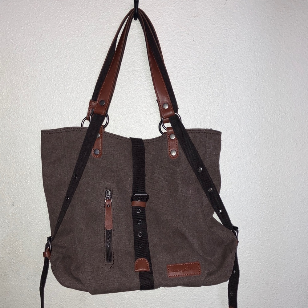Shangri-la Brown Canvas Hobo Convertible Backpack Bag with Leather Accents 12x14